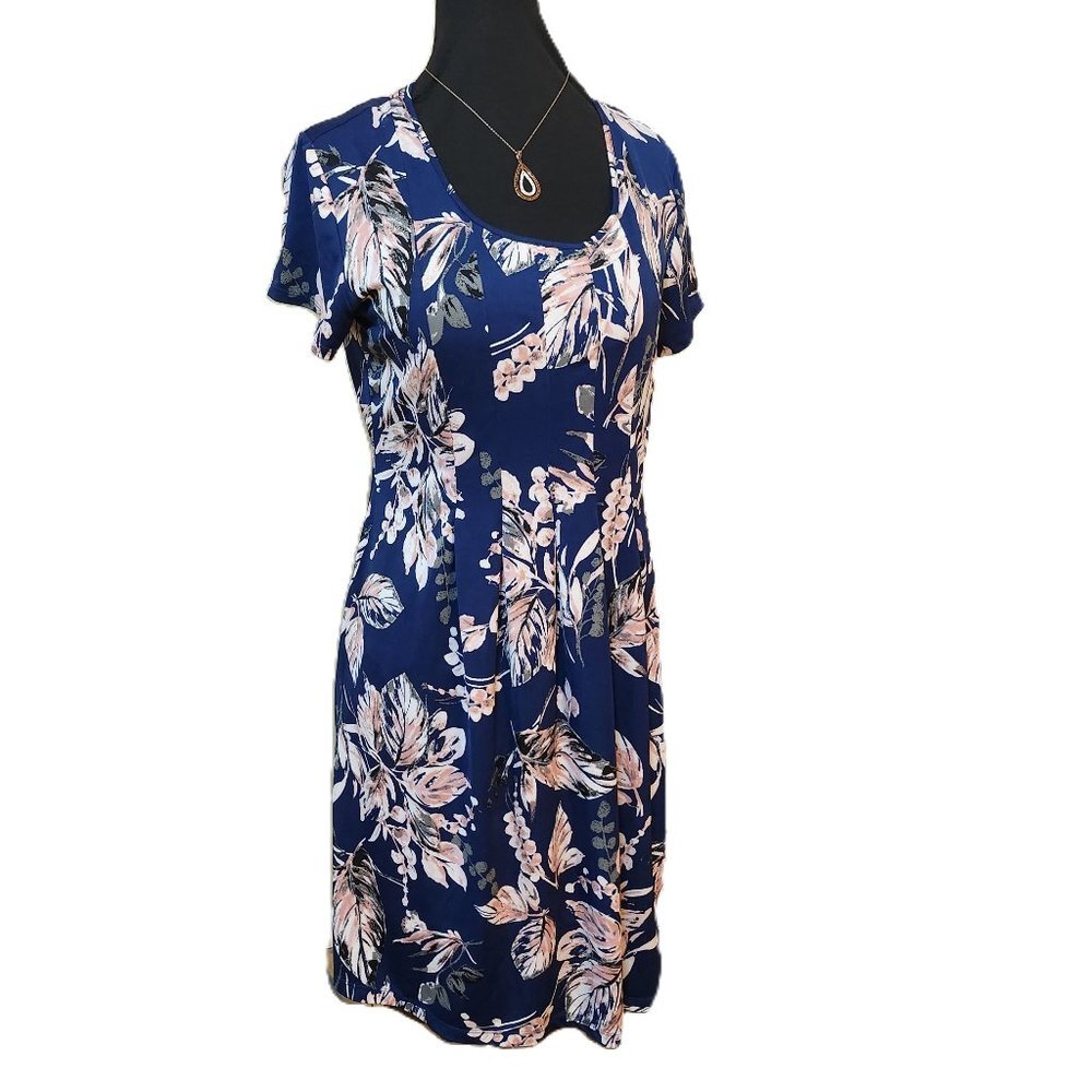 Notations Empire-Waist Short Sleeve Dress Blue & Peach Florals Leaves Size Med
